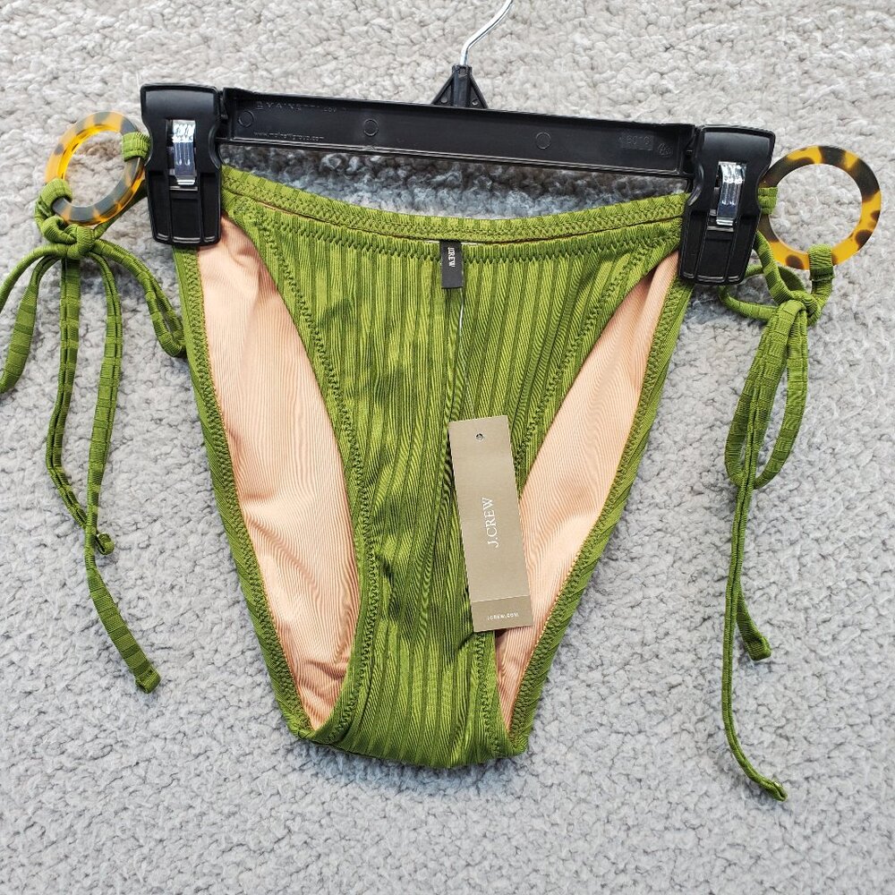 J.Crew Wide Rib Curved Waist‎ Cheeky String Bikini Bottom Rings Green